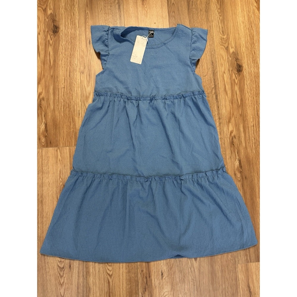 Boho‎ Babydoll Cottagecore Emery Rose Blue Crinkle Knee Length Tiered Dress M